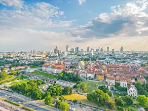 Palace Of Culture And Science Prints: Aerial panorama of Warsaw, Poland over the Vistual river and City center in a distance Old town