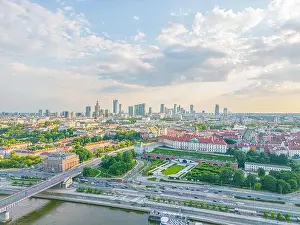 Palace Of Culture And Science Prints: Aerial panorama of Warsaw, Poland over the Vistual river and City center in a distance Old town