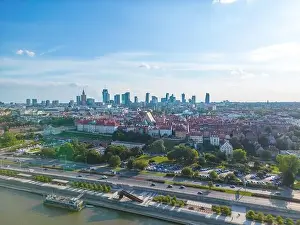 Palace Of Culture And Science Prints: Aerial panorama of Warsaw, Poland over the Vistual river and City center in a distance Old town