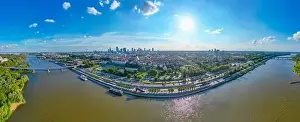 Aerial panorama of Warsaw, Poland over the Vistual river and City center in a distance Old town