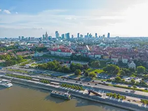 Palace Of Culture And Science Prints: Aerial panorama of Warsaw, Poland over the Vistual river and City center in a distance Old town