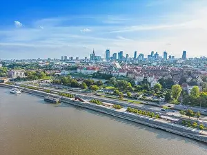 Polska Prints: Aerial panorama of Warsaw, Poland over the Vistual river and City center in a distance Old town