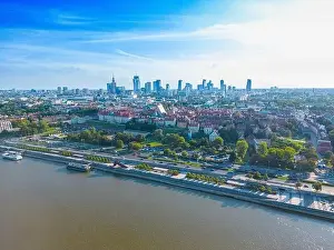 Palace Of Culture And Science Prints: Aerial panorama of Warsaw, Poland over the Vistual river and City center in a distance Old town