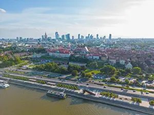 Palace Of Culture And Science Prints: Aerial panorama of Warsaw, Poland over the Vistual river and City center in a distance Old town