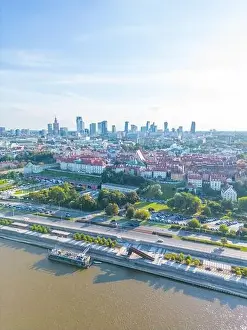Polska Prints: Aerial panorama of Warsaw, Poland over the Vistual river and City center in a distance Old town