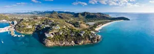 Barbuda Prints: Aerial panoramic by drone of Caribbean Sea surrounding Deep Bay and Galley Bay