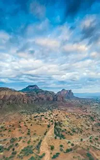 Aerial panoramic by drone of clouds at sunset over Gheralta Mountains, Hawzen, Tigray Region, Ethiopia, Africa