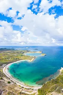 Barbuda Prints: Aerial panoramic by drone of Half Moon Bay washed by Caribbean Sea