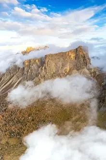 Cima Prints: Aerial panoramic by drone of Lastoi De Formin and Cima Ambrizzola at sunset in autumn