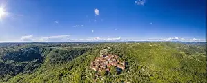 Istra Prints: Aerial panoramic drone picture of the medieval town of Groznjan on the Istrian peninsula during daytime in summer