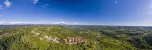 Istra Prints: Aerial panoramic drone picture of the medieval town of Groznjan on the Istrian peninsula during daytime in summer