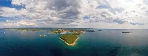 Vrsar Prints: Aerial panoramic drone picture of Vrsar harbour in Croatia with turquoise water during daytime in summer