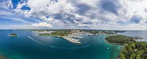 Vrsar Prints: Aerial panoramic drone picture of Vrsar harbour in Croatia with turquoise water during daytime in summer