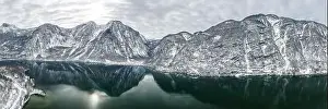 Northern Limestone Alps Prints: Aerial panoramic drone shot of Hallstatt village by lake surroun