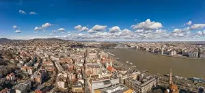 Morning Glow Prints: Aerial panoramic drone shot of Hungarian Parliament with clouds in Budapest Winter morning