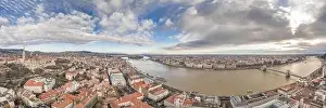 Buda Prints: Aerial panoramic drone shot of Hungarian Parliament by Danube in Budapest winter morning