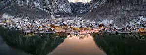 Aerial panoramic drone shot of Lahn village houses by Hallstatt