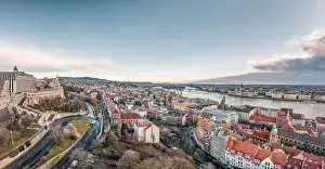 Buda Prints: Aerial Panoramic drone shot of Matthias Church on Buda hill in Budapest before sunrise in winter
