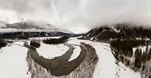 Drone Landscape Prints: Aerial Panoramic Drone View of a beautiful Snow Covered Valley
