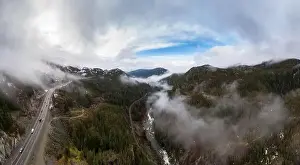 Drone Landscape Prints: Aerial Panoramic drone view of Sea to Sky Highway during a cloudy winter morning