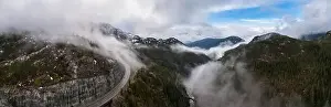 Drone Landscape Prints: Aerial Panoramic drone view of Sea to Sky Highway during a cloudy winter morning
