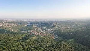 Sunset Tower Prints: Aerial panoramic drone view of Zagreb upper town near Medvednica mountain