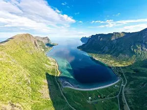 Mountain Ridge Prints: Aerial panoramic of Husfjellet mountain and sand beach along Steinfjord