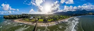 Kauai Prints: Aerial panoramic image off the coast over Hanalei Bay