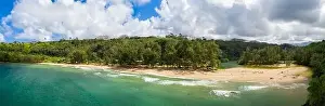 Kauai Prints: Aerial panoramic image off the coast over Kalihawai beach on Hawaiian island of Kauai