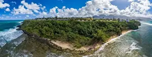 Kauai Prints: Aerial panoramic image off the coast over Princeville