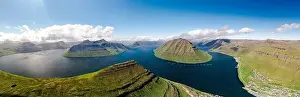 Scandinavian Culture Prints: Aerial panoramic of Kunoy Island along the fjord from Klakkur mountain
