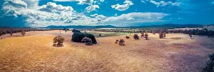 Long Shadows Prints: Aerial panoramic landscape of scenic Australian outback on a sunny day