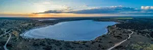 Pink Lake Prints: Aerial panoramic landscape of scenic salt lake Crosbie at sunrise