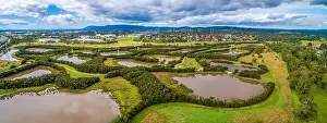 Suburbia Prints: Aerial panoramic landscape of Tirhatuan Wetlands Reserve in Australia