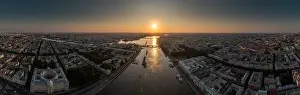 Aerial panoramic landscape of warships in the waters of the Neva River before the holiday of the Russian Navy