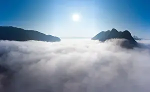 Luang Prabang Prints: Aerial panoramic Nam Ou River drone flying over morning fog mist and clouds
