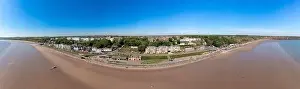 British Coastline Prints: Aerial panoramic photo of the seaside village of Filey in the UK showing a wide view image of the sea front