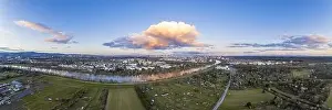 Aerial panoramic picture of river Main and the Frankfurt skyline during sunset in afterglow