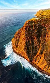 Madeira Island Prints: Aerial panoramic of Ponta do Pargo lighthouse and cliffs at sunset