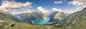 Austrian Alps Prints: Aerial panoramic shot of Schlegeisspeicher glacier reservoir in zillertal alps in Austria