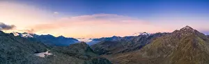 Sondrio Province Prints: Aerial panoramic of the sky at sunrise over Laghi Azzurri (Bergsee) and peaks