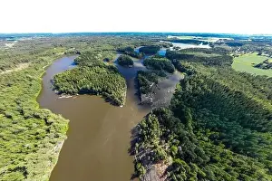 Aerial panoramic summer view of rapid Ahvionkoski at river Kymijoki, Finland