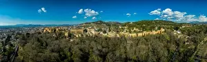 Alhambra Prints: Aerial panoramic view of the Alhambra complex in Granada Spain with walls and towers and palaces