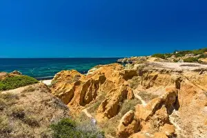 Famous Beach Prints: Aerial panoramic view of amazing Praia dos Paradinha beach, Albufeira, Algarve, Portugal