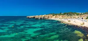 Famous Beach Prints: Aerial panoramic view of amazing Praia dos Paradinha beach, Albufeira, Algarve, Portugal