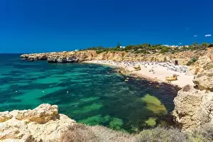Famous Beach Prints: Aerial panoramic view of amazing Praia dos Paradinha beach, Albufeira, Algarve, Portugal