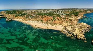 Famous Beach Prints: Aerial panoramic view of amazing Praia dos Paradinha beach, Albufeira, Algarve, Portugal