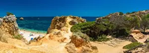 Famous Beach Prints: Aerial panoramic view of amazing Praia dos Paradinha beach, Albufeira, Algarve, Portugal