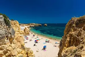 Famous Beach Prints: Aerial panoramic view of amazing Praia dos Paradinha beach, Albufeira, Algarve, Portugal