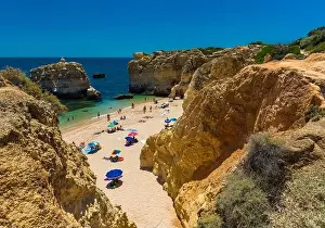 Famous Beach Prints: Aerial panoramic view of amazing Praia dos Paradinha beach, Albufeira, Algarve, Portugal
